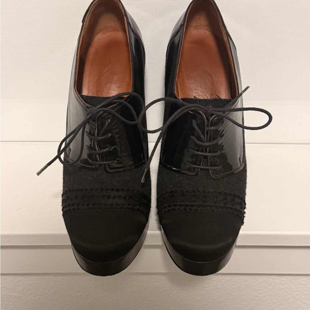 Lanvin Black Leather & Fabric Lace-Up Platform Ankle Boots
